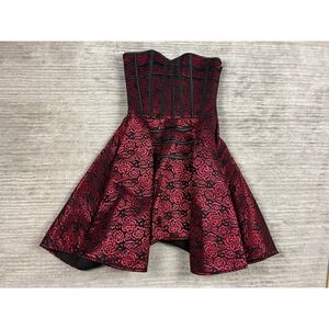 BurVogue Dress Womens Small Red Black Floral Brocade Corset Mini Strapless Flare